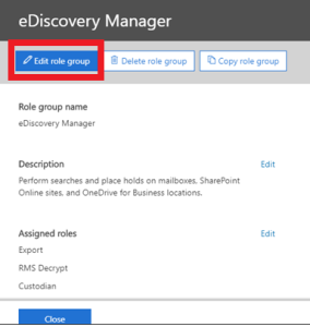 Edit role group option in the eDiscovery Manager